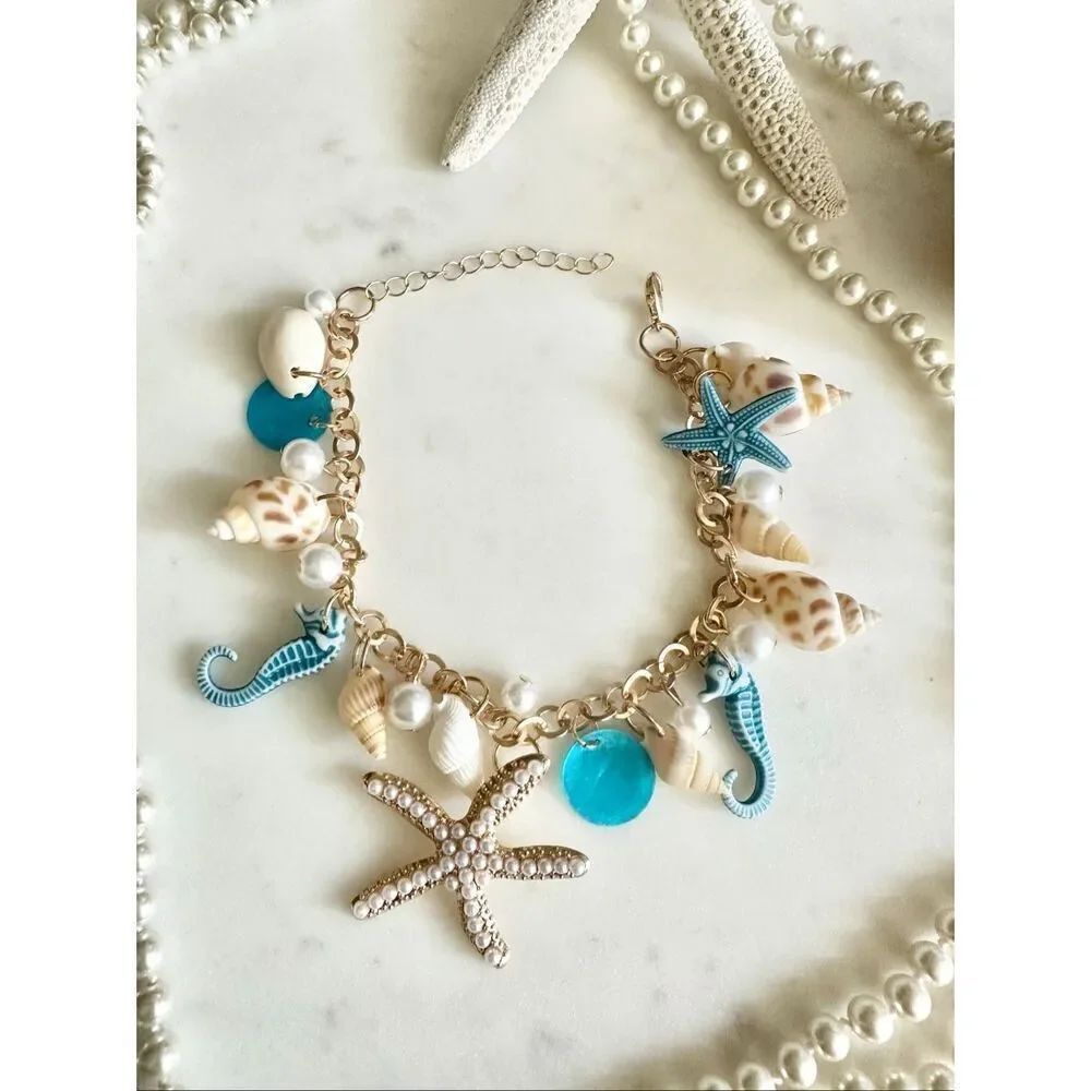 Blue and Pearl starfish and sea shell chain bracelet